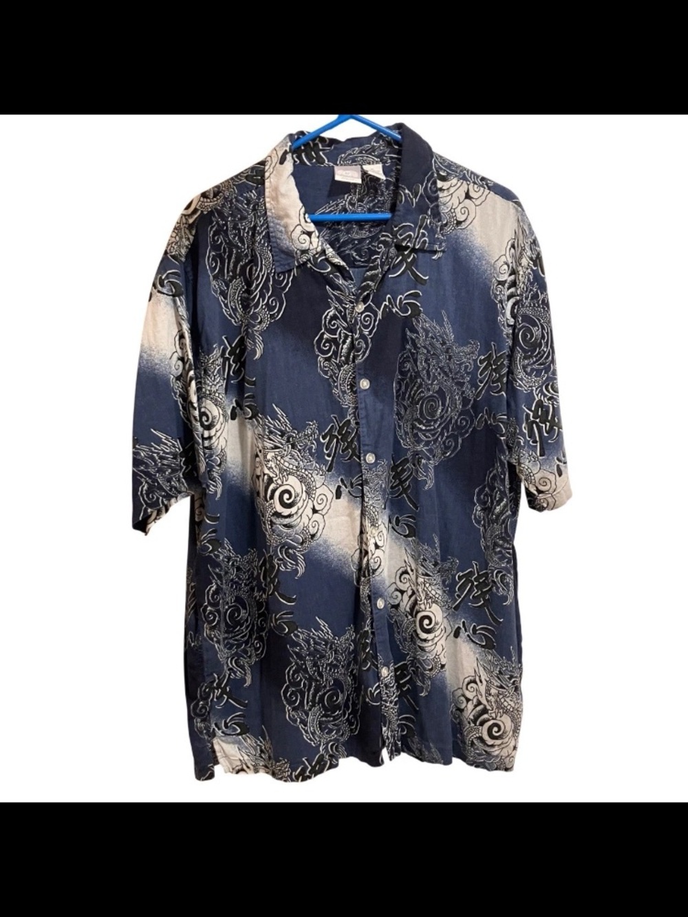 Y2K Utility Dragon Button Up Shirt XL Blue Cotton Rayon Asian Graphic